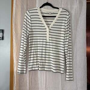 LOFT‎ Top Henley Woman XL Rib Knit 1/4-Button V-Neck Ivory Navy-Black Stripe: